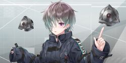 Rule 34 | 1girl, arm belt, belt, black belt, black jacket, blue reflection (series), blue reflection sun, brown hair, clothes writing, english text, game cg, gradient hair, green hair, grey background, grid background, hair over one eye, hands up, highres, index finger raised, jacket, kishida mel, kuno kirara, looking at viewer, messy hair, multicolored hair, multiple belts, non-web source, official art, open mouth, purple eyes, robot, short hair, sleeves past wrists, solo, upper body, zipper
