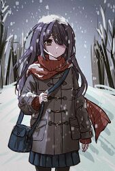 ame-chan_(needy_girl_overdose) bag bags_under_eyes bare_tree black_eyes black_hair black_skirt blurry blurry_foreground coat hair_ornament hair_over_one_eye handbag highres holding_strap koharustuki long_hair messy_hair needy_girl_overdose outdoors red_scarf scarf skirt snow snow_on_clothes snow_on_head standing tree winter x_hair_ornament