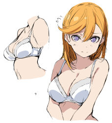 1girl birthday bra breasts cleavage collarbone commentary_request embarrassed gengoroh looking_at_viewer love_live! love_live!_superstar!! medium_breasts medium_hair orange_hair purple_eyes shibuya_kanon solo underwear upper_body white_background white_bra