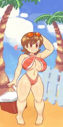 Rule 34 | 1girl, aioi yuuko, arm behind head, bikini, blue sky, breasts, brown eyes, brown hair, cloud, cloudy sky, dozo gon, eyewear on head, feet, full body, highres, huge breasts, looking at viewer, navel, nichijou, outdoors, palm tree, red-tinted eyewear, red bikini, refrigerator, short hair, shortstack, sky, smile, solo, standing, swimsuit, teeth, thick thighs, thighs, tinted eyewear, tree