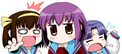 Rule 34 | 00s, 3girls, achakura, asakura ryoko, blue hair, brown hair, chibi, kono, multiple girls, nagato yuki, purple hair, suzumiya haruhi, suzumiya haruhi-chan no yuuutsu, suzumiya haruhi no yuuutsu