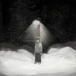 1boy bag black_hair cry_of_fear english_text fingerless_gloves full_body gloves grey_hoodie highres hood hood_up hoodie lamppost male_focus night shoes shoulder_bag sillynat simon_henriksson sneakers snow snowing solo spotlight