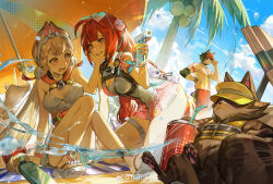 Rule 34 | 1boy, 2girls, abs, absurdres, adjusting eyewear, alice thymefield, alice thymefield (sea of thyme), animal ears, beach umbrella, black choker, black hair, blonde hair, blush, bokyo, breasts, can, choker, cleavage, coconut tree, commentary, day, drinking straw, ear-to-ear, elbow pads, english commentary, eyewear on head, gradient-tinted eyewear, green eyes, grin, hand on another&#039;s cheek, hand on another&#039;s face, hand on own hip, heart, heart-shaped eyewear, heterochromia, highres, holding, holding water gun, jewelry, kneeling, komano manato, looking at another, multicolored hair, multiple girls, muscular, muscular male, necklace, outdoors, palm tree, rabbit ears, rabbit girl, red eyes, red hair, red shorts, sandals, shorts, sitting, smile, sphere hair ornament, spiked wristband, standing, sunglasses, tanuki, thigh strap, tinted eyewear, tree, two-tone hair, ukinami yuzuha, ukinami yuzuha (tanuki in broad daylight), umbrella, water gun, watermark, weibo watermark, white choker, wolf ears, yellow eyes, zenless zone zero