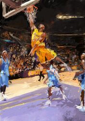 5boys ball basket basketball basketball_(object) basketball_hoop basketball_uniform blue_shorts blue_tank_top dark-skinned_male dark_skin fuyumurasaki highres indoors jumping kobe_bryant los_angeles_lakers male_focus multiple_boys national_basketball_association painterly playing_sports real_life realistic shoes short_hair shorts slam_dunk_(basketball) sportswear tank_top very_short_hair white_shoes yellow_shorts yellow_tank_top