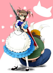 1girl alice_(alice_in_wonderland) alice_(alice_in_wonderland)_(cosplay) alice_in_wonderland animal_ears apron apron_pocket belt belt_around_waist belt_buckle blue_dress blue_pants bow buckle cosplay denim dress eibon fat fat_man fingernails frilled_apron frilled_dress frilled_sleeves frills green_eyes green_shirt hashida_itaru hat holding holding_phone huge_weapon jeans looking_back mary_janes orange_hat pants paw_print paw_print_background phone puffy_sleeves rabbit_ears ribbon shirt shoes short_sleeves smile steins;gate tennouji_nae thighhighs weapon white_belt white_thighhighs