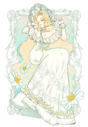 1girl blonde_hair blue_background bonnet border bow breasts cleavage closed_eyes closed_mouth dress eyelashes flower frilled_dress frilled_gloves frilled_headwear frills full_body gloves green_bow hat hat_bow highres invisible_chair lipstick long_dress long_hair makeup off-shoulder_dress off_shoulder original outside_border personification picture_frame pink_lips rubbing_eyes short_dress sitting solo very_long_hair wavy_hair white_bonnet white_border white_dress white_flower white_gloves wrist_bow yukikoutya