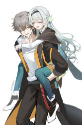 Rule 34 | 1boy, 1girl, absurdres, aqua thighhighs, black hairband, black jacket, black pants, blush, caelus (honkai: star rail), carrying, closed eyes, firefly (honkai: star rail), frilled sleeves, frills, gradient hair, green ribbon, grey hair, hair between eyes, hair intakes, hair ornament, hair ribbon, hairband, highres, honkai: star rail, honkai (series), jacket, long sleeves, meoyo, multicolored hair, open clothes, open jacket, open mouth, pants, piggyback, ribbon, shirt, simple background, smile, teeth, thighhighs, trailblazer (honkai: star rail), twitter username, white background, white shirt, white sleeves, yellow eyes