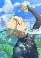 Rule 34 | 1boy, 6tepe v v, black wetsuit, blonde hair, blue eyes, blue sky, bubble, cityscape, closed mouth, cloud, day, diving, freminet (genshin impact), from side, genshin impact, highres, looking up, male focus, outdoors, partially underwater shot, short hair, sky, solo, swimming, upper body, water