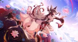 1girl absurdres animal_ear_fluff animal_ears bare_shoulders black_shoes blush brown_hair floral_print floral_print_kimono flower fox_ears fox_girl fox_tail fugue_(honkai:_star_rail) green_eyes hair_between_eyes high_heels highres honkai:_star_rail honkai_(series) japanese_clothes kimono long_hair multiple_tails open_mouth pink_flower print_kimono red_kimono red_nails shoes sidelocks solo tail tears tingyun_(honkai:_star_rail) xary