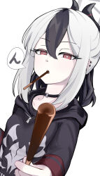 1girl black_choker black_hair black_hoodie blue_archive choker commentary_request demon_horns food food_in_mouth grey_hair hair_between_eyes halo holding holding_food holding_pocky hood hoodie horns incoming_food kayoko_(blue_archive) long_sleeves looking_at_viewer mole mole_on_shoulder mouth_hold multicolored_hair pocky pocky_in_mouth ponytail red_eyes rutsu sidelocks simple_background solo speech_bubble translation_request two-tone_hair white_background