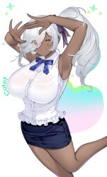 Rule 34 | 1girl, armpits, blue bow, blue bowtie, blue skirt, blush, bow, bowtie, breasts, closed mouth, dark-skinned female, dark skin, english text, eyebrows hidden by hair, hair between eyes, hair over one eye, hataraki kuma, heart, highres, large breasts, long hair, looking at viewer, nail polish, one eye closed, original, ponytail, red eyes, shirt, skirt, smile, solo, standing, standing on one leg, white hair, white shirt