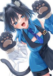 1girl :d animal_ear_fluff animal_ears animal_hands asymmetrical_sleeves black_vest blue_eyes blue_hair blue_necktie blue_shirt blue_sleeves blue_vest cat_ears cat_tail cleavage_cutout clothing_cutout collared_shirt detached_sleeves dutch_angle ear_chain gloves hair_intakes hands_up hashtag-only_commentary highres hololive hololive_english kemonomimi_mode linked_piercing looking_at_viewer medium_hair mismatched_sleeves mogu_(au1127) necktie official_alternate_costume official_alternate_hairstyle open_mouth ouro_kronii ouro_kronii_(4th_costume) paw_gloves piercing shirt simple_background sleeveless sleeveless_shirt smile solo tail teeth two-tone_vest upper_teeth_only v-shaped_eyebrows vest virtual_youtuber white_background white_sleeves wolf_cut