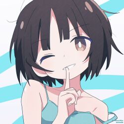 1girl amagami aqua_background aqua_camisole bare_shoulders black201_wav bob_cut bright_pupils brown_eyes brown_hair camisole character_name close-up collarbone commentary dated finger_to_mouth hand_to_own_mouth head_tilt highres index_finger_raised looking_at_viewer loose_hair_strand messy_hair one_eye_closed portrait short_hair shushing solo straight-on strap_slip tachibana_miya two-tone_background white_background white_pupils