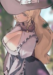 1girl bags_under_eyes blonde_hair blurry blurry_background bow braid breasts cleavage cleavage_cutout closed_mouth clothing_cutout collared_shirt commentary_request cookie_(touhou) cowboy_shot expressionless frilled_shirt_collar frills green_eyes grey_hat grey_scarf grey_skirt hat hat_bow hat_over_one_eye highres kirisame_marisa large_breasts long_hair looking_at_viewer mars_(cookie) noukou_tonkotsu_korokke scarf shirt side_braid single_braid skirt solo touhou white_bow white_shirt witch_hat
