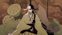 Rule 34 | 1boy, absurdres, ashiya douman (fate), asymmetrical hair, black eyes, black hair, cup, curly hair, earrings, fate/grand order, fate (series), fine art parody, fingernails, green kimono, hair between eyes, highres, holding, holding cup, japanese clothes, jewelry, kimono, legrischaos, long hair, looking at viewer, lotus pod, male focus, multicolored hair, nihonga, parody, sakazuki, seiza, sharp fingernails, sitting, skull, smile, solo, split-color hair, two-tone hair, ukiyo-e, very long hair, white hair