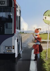 1girl 1other absurdres androgynous animal animal_ear_fluff animal_ears animal_hat animal_nose animal_on_head backpack bag bird black_boots black_ears black_fur blue_hair blue_scarf blue_sky boots brown_bag brown_coat brown_hat bus cat_hat child closed_mouth cloud coat colored_sclera commentary day english_commentary fox fox_on_head fox_tail from_side grass guard_rail hat highres looking_ahead medium_hair motor_vehicle neck_fur niko_(oneshot) on_head oneshot_(game) orange_fur outdoors power_lines road road_sign rue_(oneshot) scarf shadches72 shoulder_strap sign sky sleeves_past_fingers sleeves_past_wrists smile standing street tail utility_pole very_long_sleeves white_bird white_fur wide_brim wide_shot yellow_sclera