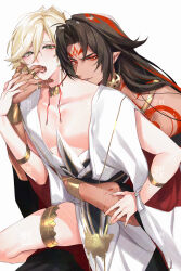 2boys absurdres asura_(onmyoji) bishounen black_hair blonde_hair commentary commentary_request earrings eyeliner facial_mark finger_in_another&#039;s_mouth fingernails green_eyes highres jewelry konsai_2 long_hair looking_at_viewer makeup male_focus multicolored_hair multiple_boys multiple_rings nail_polish onmyoji red_eyeliner red_hair ring saliva simple_background skinny streaked_hair taishakuten_(onmyoji) two-tone_hair upper_body white_background yaoi