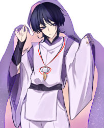 1boy absurdres armor bishounen black_bow black_sash blunt_ends bow bright_pupils clothing_cutout cowboy_shot eyeliner eyeshadow feathers fingernails genshin_impact hands_up highres hip_vent japanese_armor japanese_clothes kariginu kimono kote kurokote layered_sleeves looking_to_the_side makeup male_focus nicbuns parted_lips pelvic_curtain pom_pom_(clothes) purple_eyes purple_hair purple_kimono purple_sleeves purple_veil red_eyeliner red_eyeshadow sash scaramouche_(genshin_impact) scaramouche_(kabukimono)_(genshin_impact) see-through_clothes see-through_veil shoulder_cutout side_cutout sleeves_past_wrists solo string tsurime veil white_background white_mouth white_pupils white_sleeves wide_sleeves wispy_bangs yellow_feathers