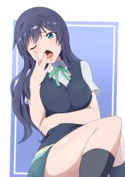 Rule 34 | 1girl, absurdres, arm under breasts, asaka karin, black socks, blue eyes, blue hair, blue vest, blush, breasts, green ribbon, grey skirt, highres, large breasts, long hair, looking at viewer, love live!, love live! nijigasaki high school idol club, one eye closed, open mouth, ribbon, school uniform, shirt, short sleeves, skirt, socks, solo, vest, white shirt, yawning, zasshoku ojisan