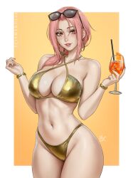 1girl bikini bracelet breasts chloe_(sciamano240) cleavage cup drinking_glass drinking_straw earrings eyewear_on_head gold_bikini gold_bracelet gold_earrings hands_up highres holding holding_cup hoop_earrings jewelry large_breasts navel original parted_lips pink_eyes pink_hair sciamano240 solo stomach sunglasses swimsuit