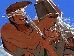 2boys :d armband black_hair blue_background brown_hair bucket danganronpa:_trigger_happy_havoc danganronpa_(series) fangs from_side grey_shirt highres holding holding_bucket ishimaru_kiyotaka multicolored_hair multiple_boys muscular muscular_male open_mouth owada_mondo pompadour red_armband red_eyes shirt smile teeth two-tone_hair wanijima water wet