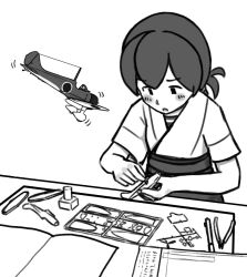 Rule 34 | 1girl, a5m, aircraft, airplane, assembling, commentary request, dougi, folded ponytail, greyscale, japanese clothes, kantai collection, kasuga maru (kancolle), model airplane, model kit, monochrome, porusasu, solo, upper body