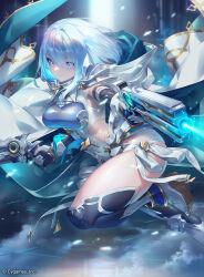 Rule 34 | 1girl, blue eyes, blue hair, breasts, dual wielding, finger on trigger, firing, gun, highres, holding, holding gun, holding weapon, medium breasts, revealing clothes, shadowverse, short hair, solo, trigger discipline, weapon, yanagawa eri
