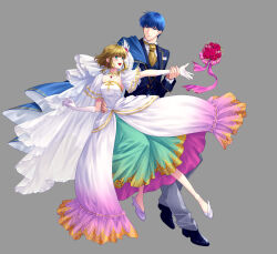 Rule 34 | 1boy, 1girl, :d, alternate costume, antenna hair, black shoes, blonde hair, blue cloak, blue eyes, blue hair, blue suit, bouquet, breasts, bridal veil, bride, cloak, closed mouth, detached sleeves, dress, earrings, elbow gloves, father and daughter, finn (fire emblem), fire emblem, fire emblem: genealogy of the holy war, fire emblem heroes, floating, floating object, flower, formal clothes, frilled sleeves, frills, full body, gloves, gold choker, green eyes, grey background, hair ornament, hand on another&#039;s waist, highres, holding another&#039;s wrist, jewelry, long sleeves, looking ahead, looking at another, nanna (fire emblem), necktie, nintendo, open mouth, outstretched arm, oxfords, pants, pendant choker, red flower, red rose, rose, shoes, short hair, short hair with long locks, short sleeves, side cape, simple background, small breasts, smile, strapless, strapless dress, suit, teeth, toriko momomo, upper teeth only, veil, wedding dress, white dress, white gloves, white shoes, wing hair ornament, yellow necktie