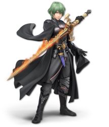 1boy 3d aqua_hair artist_request black_boots black_coat black_gloves blue_eyes boots male_byleth_(fire_emblem) closed_mouth coat dagger expressionless fire fire_emblem fire_emblem:_three_houses flaming_sword flaming_weapon full_body gloves green_hair grey_pants grey_shirt hand_up highres holding holding_sword holding_weapon knife long_sleeves looking_at_viewer male_focus nintendo official_art pants sheath sheathed shirt short_hair solo standing super_smash_bros. sword sword_of_the_creator transparent_background vambraces weapon