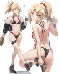 1girl ass back bare_shoulders bikini black_jacket blonde_hair braid breasts butt_crack commentary_request cup disposable_coffee_cup disposable_cup fate/apocrypha fate_(series) full_body green_eyes half_up_braid highres jacket long_hair long_sleeves looking_at_viewer looking_back mordred_(fate) mordred_(fate/apocrypha) multiple_views off_shoulder open_clothes open_jacket parted_bangs ponytail sidelocks small_breasts smile swimsuit tonee variant_set