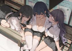 3girls akasaai all_fours bench black_hair black_skirt blue_eyes blue_hair blue_necktie blunt_bangs breasts cellphone cleavage collared_shirt from_above highres holding holding_phone large_breasts light_blush long_hair looking_at_viewer loose_necktie mole mole_under_eye multiple_girls necktie on_bench open_clothes open_shirt original phone pleated_skirt purple_hair round_eyewear shirt short_hair sitting skirt sleeves_rolled_up smartphone smile thighhighs wavy_hair white_shirt white_thighhighs wooden_bench