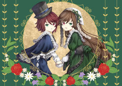 amagasa_(user_wztg7575) floral_background flower green_background green_eyes hat heterochromia looking_at_viewer mob_cap purple_flower red_eyes red_flower red_rose rose rozen_maiden siblings sisters souseiseki suiseiseki top_hat