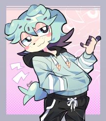 Rule 34 | 1other, :3, absurdres, animal ears, animal nose, aqua hair, aqua hoodie, aqua tail, black eyes, black hood, black pants, blush stickers, border, borrowed character, bright pupils, closed mouth, commission, cowboy shot, dog ears, double-parted bangs, drawstring, droopy ears, flipped bangs, flipped hair, forked tail, freckles, green hair, grey border, half-closed eyes, halftone, halftone background, hand in pocket, hand up, highres, hood, hood down, hoodie, leaning back, looking to the side, medium hair, original, other focus, outside border, pants, purple background, sashley, second-party source, shaka sign, short tail, sprinkles, standing, striped sleeves, tail, track pants, turning head, white pupils, zoom layer