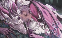1girl arm_support asymmetrical_gloves bare_shoulders black_crown black_tiara bug butterfly butterfly_earrings butterfly_on_hand butterfly_ornament castorice_(honkai:_star_rail) closed_eyes commentary crown dragon earrings elbow_gloves flower flower_ornament gloves gold_can grass hair_flower hair_ornament highres honkai:_star_rail honkai_(series) insect jewelry netherwing_(honkai:_star_rail) outdoors pantyhose pink_eyes pointy_ears purple_butterfly purple_flower purple_gloves purple_hair single_elbow_glove tiara uneven_gloves white_pantyhose