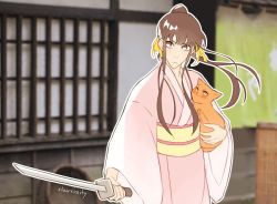 1boy 1girl alternate_form animal blush brown_eyes brown_hair carrying cat claireiosity eyebrows fruits_basket hair_ribbon high_ponytail highres holding holding_animal holding_cat holding_sword holding_weapon honda_tooru japanese_clothes katana kimono long_hair long_sleeves orange_cat orange_eyes pale_skin parody pink_kimono ponytail protecting ribbon serious sidelocks three-quarter_sleeves sohma_kyou standing sword transformation weapon wide_sleeves yellow_ribbon