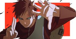 1boy absurdres blue_eyes border closed_mouth gaara_(naruto) gourd highres long_sleeves looking_at_viewer male_focus naruto_(series) naruto_shippuuden outside_border pnpk_1013 red_background red_hair shirt solo upper_body white_border
