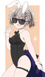 Rule 34 | 1girl, absurdres, animal ear hairband, animal ears, animebrit, bare legs, black bow, black bowtie, black leotard, bow, bowtie, breasts, detached collar, fake animal ears, fang, grey hair, hair ornament, hairband, highres, leotard, looking at viewer, medium breasts, pantyhose, playboy bunny, purple eyes, rabbit ears, short hair, skin fang, slow loop, smile, solo, sunglasses, thigh strap, v, wrist cuffs, x hair ornament, yoshinaga koi