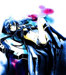 10s 1girl bikini black_hair black_rock_shooter black_rock_shooter_(character) blue_eyes boots female_focus flat_chest knee_boots long_hair short_shorts shorts solo swimsuit twintails vicky vicky_(fifone) vocaloid