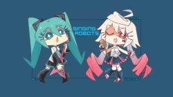 2girls ahoge aqua_eyes aqua_hair aqua_necktie aqua_trim black_footwear black_skirt black_sleeves blue_background bright_pupils character_name chibi chibi_only chorvaqueen commentary corset detached_sleeves english_commentary english_text facial_mark frilled_wrist_cuffs frills gradient_hair guitar hatsune_miku holding holding_guitar holding_instrument holding_microphone_stand instrument maika_(vocaloid) microphone_stand multicolored_hair multiple_girls music necktie one_eye_closed open_mouth pink_eyes pink_hair pink_trim playing_guitar playing_instrument pleated_skirt shirt skirt sleeveless sleeveless_shirt smile socks vocaloid watermark web_address white_corset white_hair white_pupils white_shirt white_socks wrist_cuffs