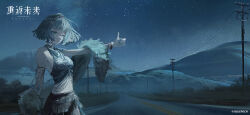 1girl aqua_eyes arm_tattoo bare_shoulders black_skirt blue_sky blunt_bangs blunt_ends bob_cut breasts closed_mouth copyright_name copyright_notice cowboy_shot earrings expressionless feather_boa grey_hair grey_tank_top hair_ornament highres hitchhiking jewelry logo looking_at_viewer mercuria_(reverse:1999) midriff miniskirt mountain navel night night_sky official_art official_wallpaper outdoors outstretched_arm power_lines reverse:1999 road short_hair shoulder_tattoo sideboob skirt sky solo standing star_(sky) star_(symbol) star_hair_ornament starry_sky tank_top tattoo thumbs_up utility_pole