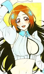 Rule 34 | 1girl, absurdres, bleach, bleach: sennen kessen-hen, breasts, brown hair, cleavage, cleavage cutout, clothing cutout, detached sleeves, hair ornament, highres, inoue orihime, large breasts, long hair, midriff, n (nauki 11), navel, open mouth, orange hair, simple background, smile, solo, tagme