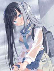 1girl bag black_hair blue_bra blue_eyes blue_necktie blue_skirt blush bra breasts cloud cloudy_sky hair_ornament hoshino_koucha long_hair long_sleeves looking_at_viewer medium_breasts necktie open_mouth original panties pleated_skirt rain ribbon school_bag school_uniform see-through_clothes shirt skirt sky smile solo underwear very_long_hair water_drop wet wet_clothes wet_shirt white_panties white_shirt