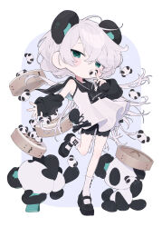 Rule 34 | 1girl, absurdres, black sailor collar, black shoes, black sleeves, blush, commentary, detached sleeves, green eyes, highres, leg up, long hair, looking at viewer, original, panda, sailor collar, seto (setosan), shirt, shoes, socks, solo, stuffed animal, stuffed panda, stuffed toy, watermark, white hair, white shirt, white socks