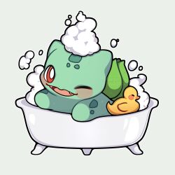 Rule 34 | absurdres, bath, blush, bright pupils, bubble, bulbasaur, fangs, gen 1 pokemon, highres, nintendo, no humans, one eye closed, open mouth, pokemon, pokemon (creature), red eyes, rubber duck, sevi (seviyummy), simple background, smile, solo, white pupils