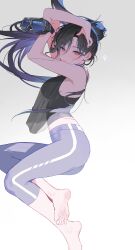 Rule 34 | 1girl, absurdres, bare shoulders, barefoot, black hair, black shirt, blue eyes, blush, breasts, closed mouth, goggles, highres, holding, large breasts, long hair, looking at viewer, mole, mole under eye, myabit, navel, original, pants, shirt, sideboob, simple background, solo, stomach, thighs, unworn goggles, very long hair, white background, yoga pants
