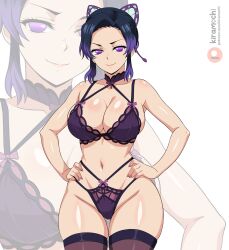 1girl black_hair breasts butterfly_hair_ornament hair_ornament hands_on_own_hips kimetsu_no_yaiba kiramochi kochou_shinobu lingerie purple_eyes underwear wide_hips