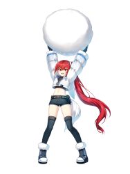 1girl arms_up belt belt_pouch black_gloves black_shirt black_shorts black_thighhighs boots bright_pupils closers crop_top crop_top_overhang cropped_jacket cutoffs denim denim_shorts full_body fur_trim gloves highres holding holding_above_head jacket long_hair long_sleeves midriff navel official_art open_mouth ponytail pouch red_eyes red_hair seth_(closers) sharp_teeth shirt short_shorts shorts side_ponytail snowball solo standing stomach teeth thighhighs thighs very_long_hair white_background white_jacket