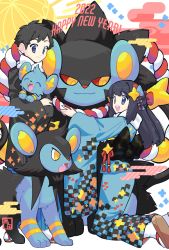 1boy 1girl :d alternate_costume black_hair blue_kimono closed_mouth commentary_request dawn_(pokemon) gen_4_pokemon grey_eyes hair_ornament highres japanese_clothes kamota_(momokomati) kimono kneeling long_hair lucas_(pokemon) luxio luxray nintendo open_mouth pokemon pokemon_(creature) pokemon_dppt sandals scarf shinx short_hair sidelocks smile tabi teeth tongue upper_teeth_only white_scarf wide_sleeves zouri