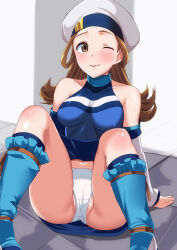 1girl blue_skirt breasts brown_eyes brown_hair commission detached_sleeves feet_out_of_frame gensou_suikoden gensou_suikoden_ii hat highres long_hair looking_at_viewer millie_(suikoden) navel one_eye_closed panties skeb_commission skirt smile solo tirasi_(so) underwear white_panties