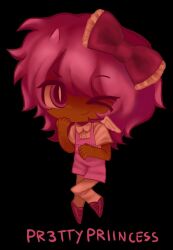 1girl angel_wings black_background bow chibi chibi_only child dark_skin demon_horns english_text forsaken_(roblox) fuziyams hair_bow hair_ornament horns humanization long_hair mini_wings one_eye_closed overalls pink_bow pink_eyes pink_hair pink_overalls pr3typriincess_(forsaken) roblox short_sleeves simple_background slit_pupils small_horns wings